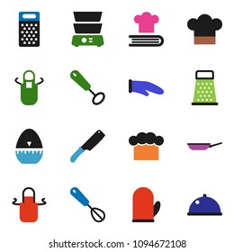 solid vector ixon set - pan vector, cook hat, apron, glove, timer, whisk, knife, grater, double boiler, cookbook, dish