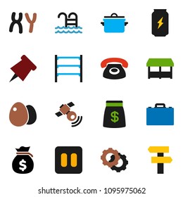 solid vector ixon set - pan vector, egg, case, paper pin, money bag, enegry drink, pool, shelving, satellitie, pause button, chromosomes, gear, phone, market, signpost