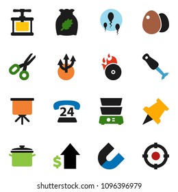 solid vector ixon set - pan vector, cook press, double boiler, blender, cereal, egg, paper pin, magnet, scissors, presentation, dollar growth, phone 24, music hit, sperm, route arrow, target