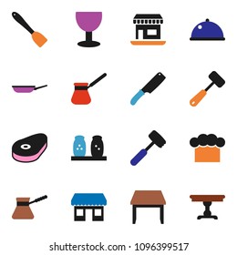 solid vector ixon set - pan vector, cook hat, spatula, knife, meat hammer, turk coffee, spices, dish, steak, office, glass, table