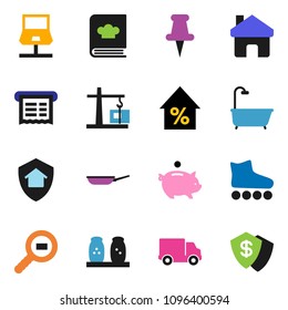 solid vector ixon set - pan vector, cookbook, spices, percent growth, piggy bank, roller Skates, delivery, cargo search, thumbtack, notebook network, home, bath, construction crane, protect, receipt