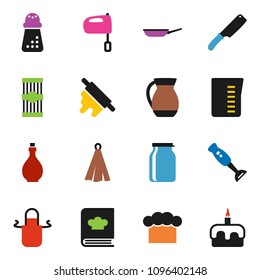 solid vector ixon set - pan vector, oil, measuring cup, cook hat, apron, towel, knife, rolling pin, hand mill, mixer, cookbook, blender, jug, jar, pasta, cake