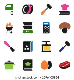 solid vector ixon set - pan vector, cook press, spatula, meat hammer, grater, mixer, double boiler, cookbook, bbq, plates, cereal, egg, mushroom, steak