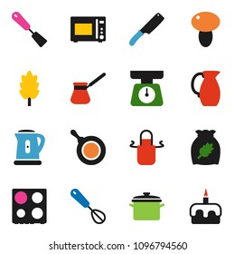 solid vector ixon set - pan vector, kettle, scales, apron, whisk, spatula, knife, turk coffee, microwave oven, jug, cereal, mushroom, cake