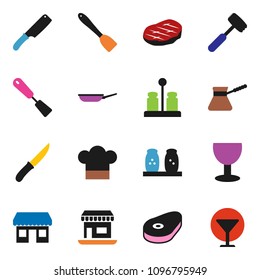 solid vector ixon set - pan vector, cook hat, spatula, knife, meat hammer, turk coffee, spices, steak, office, glass