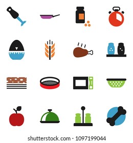 solid vector ixon set - pan vector, colander, cook timer, microwave oven, spices, blender, sieve, dish, chicken leg, apple fruit, pills vial, cereals, breads, bone
