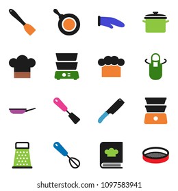 solid vector ixon set - pan vector, cook hat, apron, glove, whisk, spatula, knife, grater, double boiler, cookbook, sieve