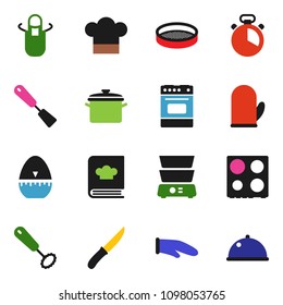 solid vector ixon set - pan vector, cook hat, apron, glove, timer, whisk, spatula, knife, oven, double boiler, cookbook, sieve, dish