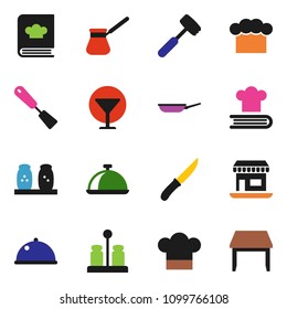 solid vector ixon set - pan vector, cook hat, spatula, knife, meat hammer, turk coffee, cookbook, spices, dish, office, glass, table