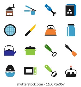 solid vector ixon set - pan vector, kettle, cook timer, press, whisk, spatula, ladle, knife, hand mill, microwave oven, blender, sieve, jar, cereal, cake