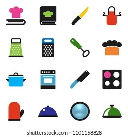 solid vector ixon set - pan vector, cook hat, apron, glove, whisk, knife, grater, oven, cookbook, sieve, dish
