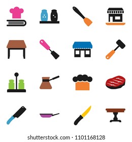 solid vector ixon set - pan vector, cook hat, spatula, knife, meat hammer, turk coffee, cookbook, spices, steak, office, table