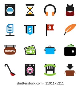 solid vector ixon set - pan vector, ladle, pen, backpack, wallet, dollar flag, money, headphones, sand clock, network document, rooms signboard, crib, washer, package