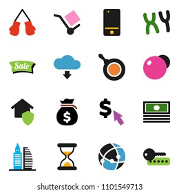 solid vector ixon set - pan vector, cash, money bag, dollar cursor, fitball, boxing glove, cargo, mobile phone, sand clock, chromosomes, connection, cloud download, office building, home protect