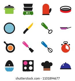 solid vector ixon set - pan vector, cook hat, glove, timer, whisk, spatula, knife, oven, double boiler, sieve, dish