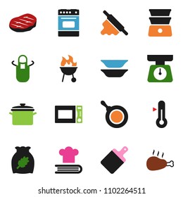 solid vector ixon set - pan vector, scales, apron, rolling pin, cutting board, microwave oven, double boiler, cookbook, thermometer, bbq, plates, cereal, steak, chicken leg