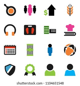solid vector ixon set - pan vector, cookbook, pasta, school building, medal, dollar growth, man, scales, calendar, cereals, headphones, connection, shield, user
