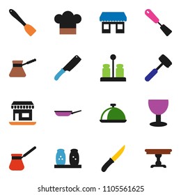 solid vector ixon set - pan vector, cook hat, spatula, knife, meat hammer, turk coffee, spices, dish, office, glass, table