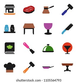 solid vector ixon set - pan vector, cook hat, spatula, knife, meat hammer, turk coffee, cookbook, spices, dish, steak, office, glass, table
