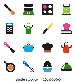 solid vector ixon set - pan vector, cook hat, apron, timer, whisk, spatula, knife, grater, oven, double boiler, cookbook, dish