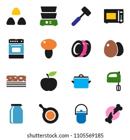 solid vector ixon set - pan vector, camping cauldron, meat hammer, mixer, microwave oven, double boiler, plates, jar, cereal, egg, mushroom, diet, breads, broken bone