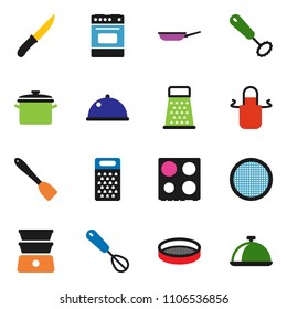solid vector ixon set - pan vector, apron, whisk, spatula, knife, grater, oven, double boiler, sieve, dish