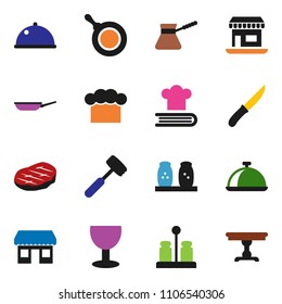 solid vector ixon set - pan vector, cook hat, knife, meat hammer, turk coffee, cookbook, spices, dish, steak, office, glass, table