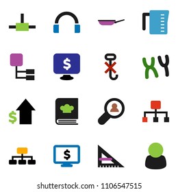 solid vector ixon set - pan vector, measuring cup, cookbook, corner ruler, dollar growth, hierarchy, monitor, no hook, headphones, chromosomes, connect, client search, customer