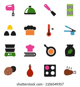 solid vector ixon set - pan vector, oil, cook hat, press, spatula, mixer, oven, double boiler, cookbook, thermometer, dish, cereal, pasta, potato, chicken leg