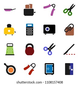 solid vector ixon set - pan vector, grater, toaster, scissors, safe, weight, hand trainer, scalpel, attachment, fridge