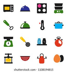 solid vector ixon set - pan vector, colander, scales, apron, cook timer, press, whisk, skimmer, microwave oven, double boiler, spices, thermometer, dish, egg