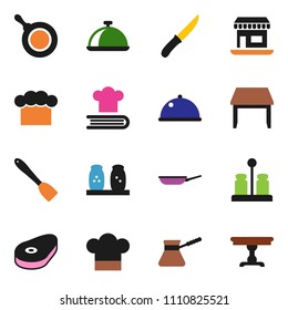 solid vector ixon set - pan vector, cook hat, spatula, knife, turk coffee, cookbook, spices, dish, steak, office, table