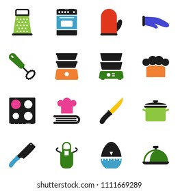 solid vector ixon set - pan vector, cook hat, apron, glove, timer, whisk, knife, grater, oven, double boiler, cookbook, dish