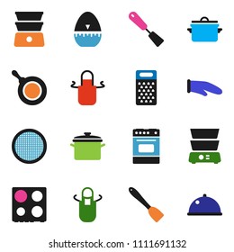 solid vector ixon set - pan vector, apron, cook glove, timer, spatula, grater, oven, double boiler, sieve, dish