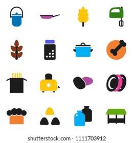 solid vector ixon set - pan vector, camping cauldron, cook hat, mixer, toaster, plates, jar, cereal, pasta, potato, pills vial, cereals, bone, market