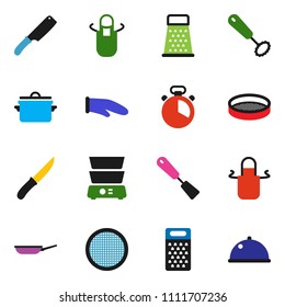 solid vector ixon set - pan vector, apron, cook glove, timer, whisk, spatula, knife, grater, double boiler, sieve, dish