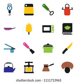 solid vector ixon set - pan vector, kettle, scales, apron, cook press, whisk, spatula, knife, cutting board, turk coffee, microwave oven, cookbook, cereal, mushroom