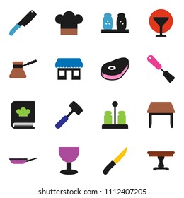 solid vector ixon set - pan vector, cook hat, spatula, knife, meat hammer, turk coffee, cookbook, spices, steak, office, glass, table
