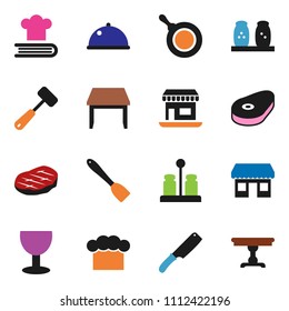 solid vector ixon set - pan vector, cook hat, spatula, knife, meat hammer, cookbook, spices, dish, steak, office, glass, table