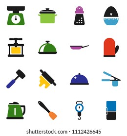 solid vector ixon set - pan vector, kettle, scales, cook glove, timer, press, spatula, rolling pin, meat hammer, hand mill, dish, fridge