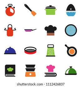 solid vector ixon set - pan vector, cook hat, apron, timer, spatula, grater, double boiler, cookbook, sieve, dish