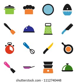 solid vector ixon set - pan vector, cook hat, timer, whisk, spatula, knife, grater, double boiler, sieve, dish