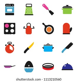 solid vector ixon set - pan vector, apron, cook glove, timer, spatula, knife, grater, oven, sieve, dish