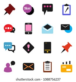 solid vector ixon set - paper pin vector, clipboard, mobile phone, dialog, speaking man, thumbtack, mail, message, attention sign, new