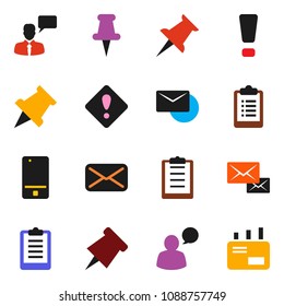 solid vector ixon set - paper pin vector, clipboard, mobile phone, speaking man, thumbtack, mail, attention sign