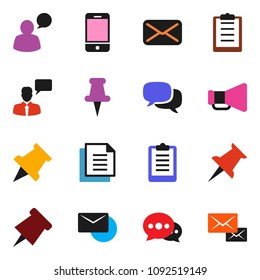 solid vector ixon set - paper pin vector, clipboard, document, loudspeaker, mobile phone, dialog, speaking man, thumbtack, mail, message