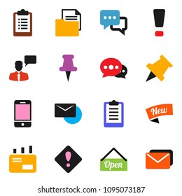 solid vector ixon set - paper pin vector, clipboard, document, mobile phone, dialog, speaking man, thumbtack, message, mail, attention sign, new, open