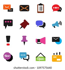 solid vector ixon set - paper pin vector, clipboard, loudspeaker, dialog, thumbtack, mail, message, attention sign, new, open