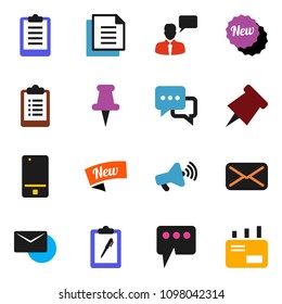 solid vector ixon set - paper pin vector, clipboard, document, loudspeaker, mobile phone, dialog, speaking man, thumbtack, mail, message, new
