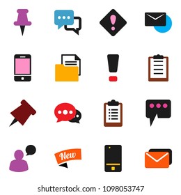 solid vector ixon set - paper pin vector, clipboard, document, mobile phone, dialog, speaking man, thumbtack, message, mail, attention sign, new
